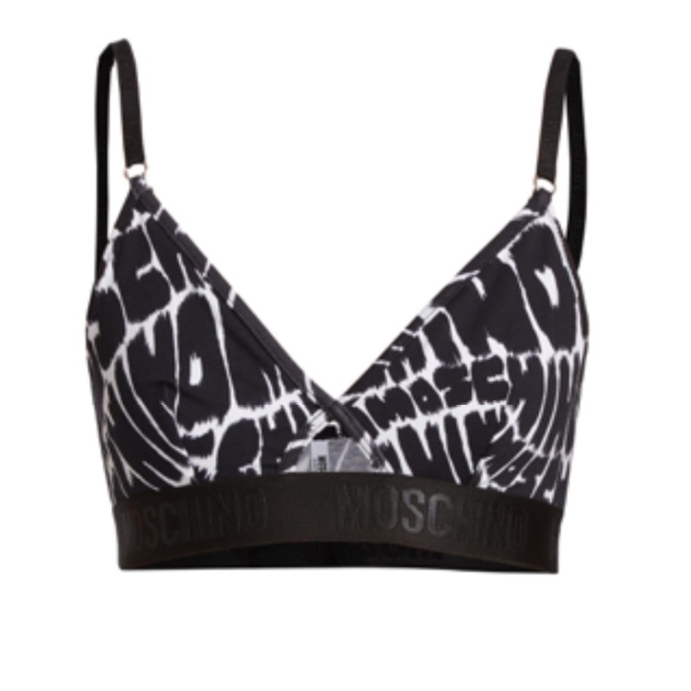 Moschino Monochrome Patterned
Logo Print Triangle Bralette Fantasy Print Black